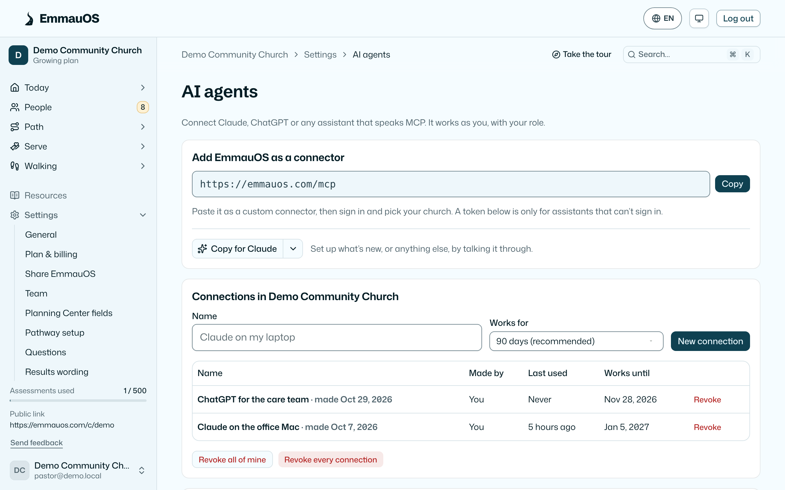 AI agents: named connections, their roles and expiry, and the instructions to paste into an assistant.