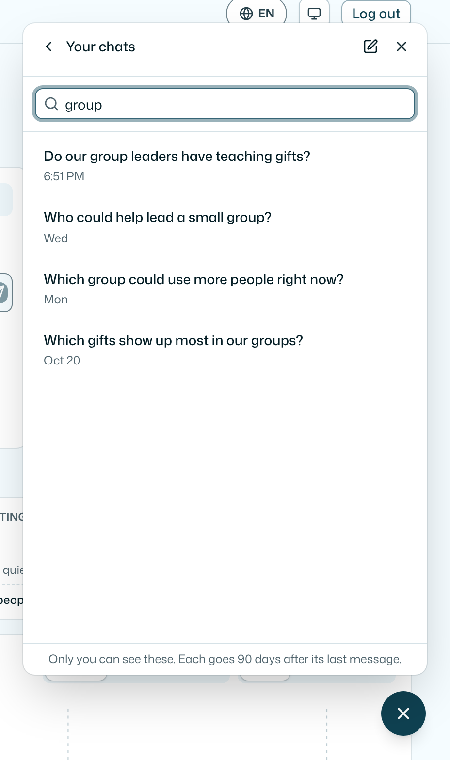 Your chats: search, open or delete a past chat.