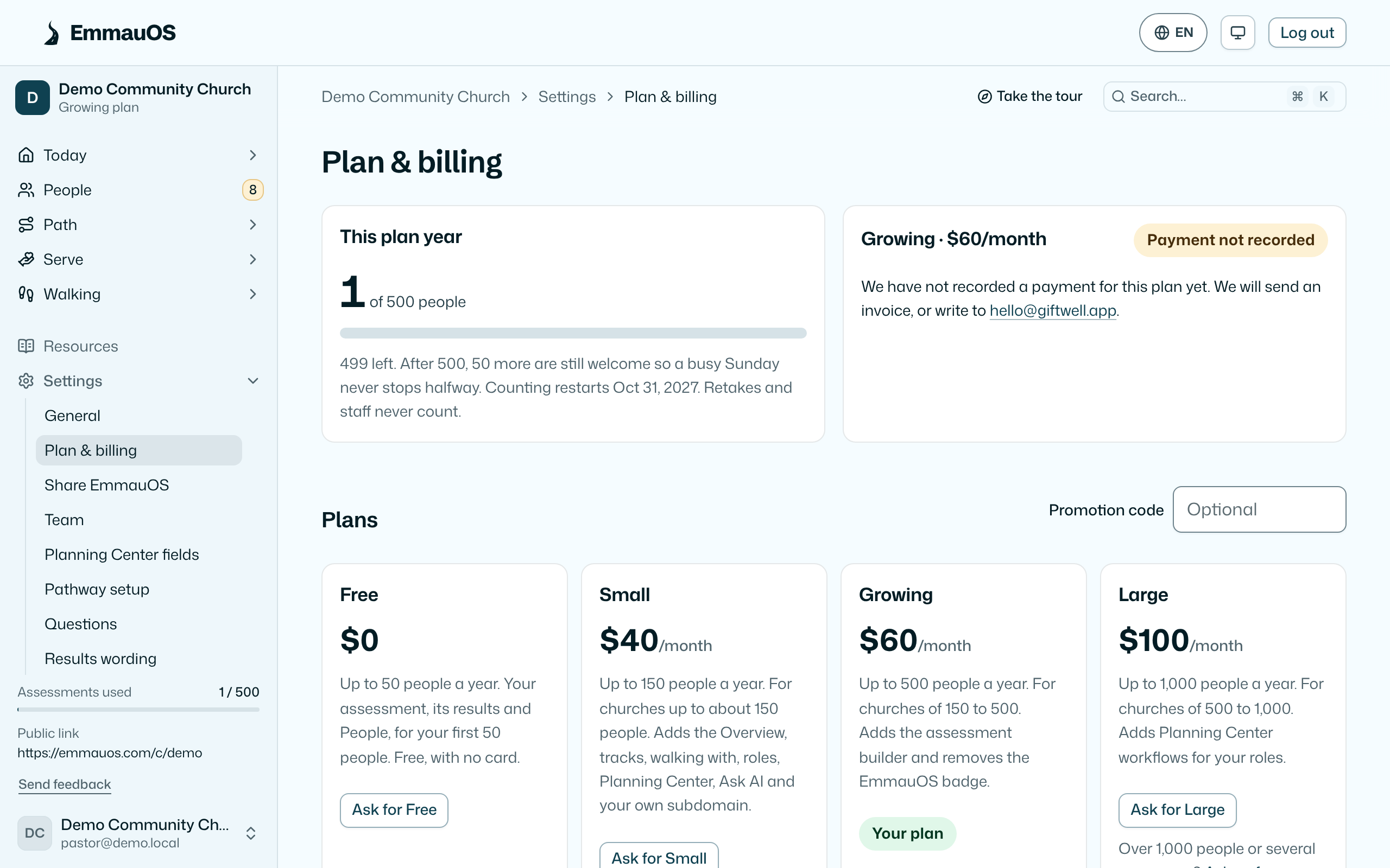 Plan & billing: the current plan, assessments used this year, and what happens next.