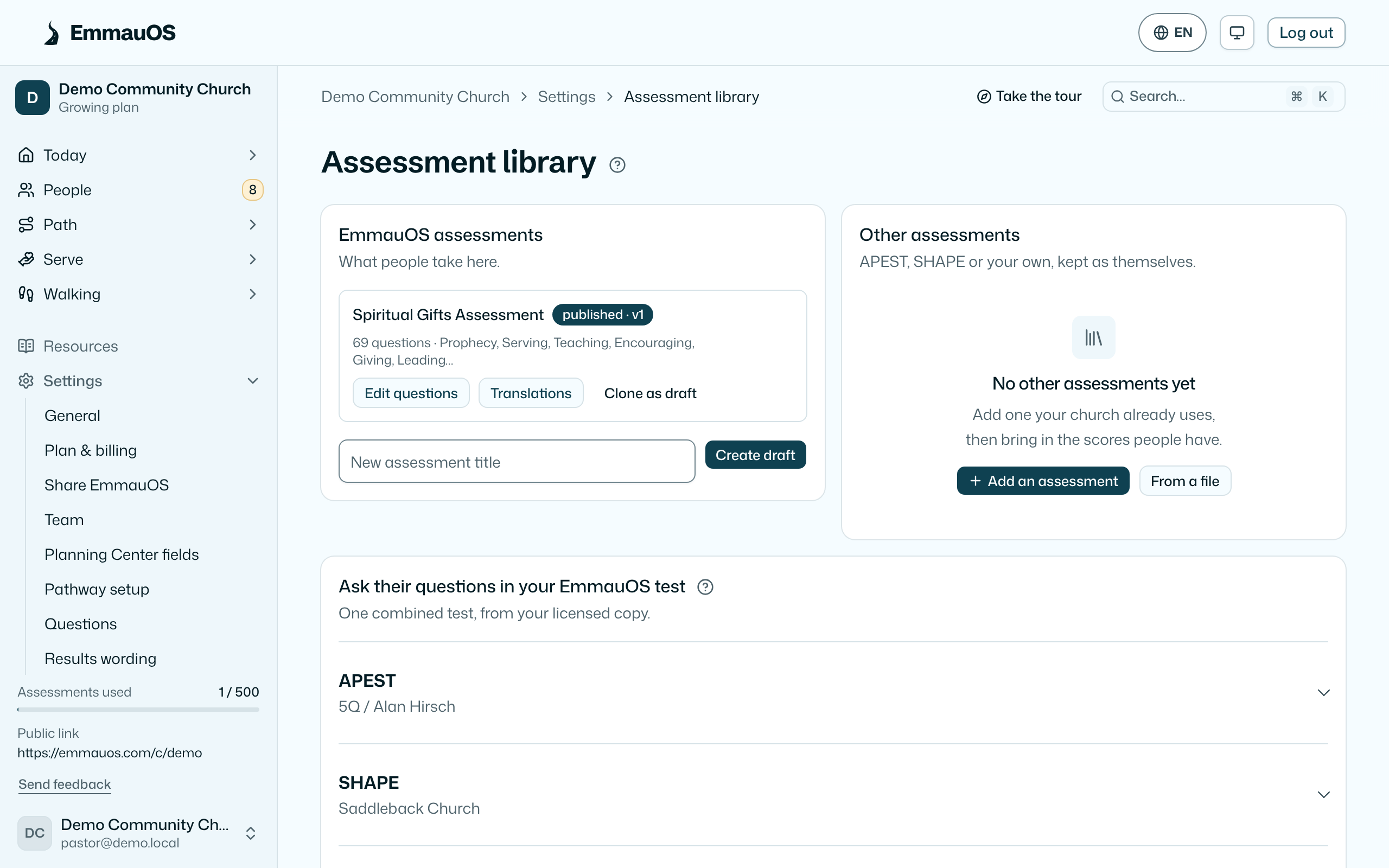 Assessment library: your EmmauOS assessments and other assessments side by side.