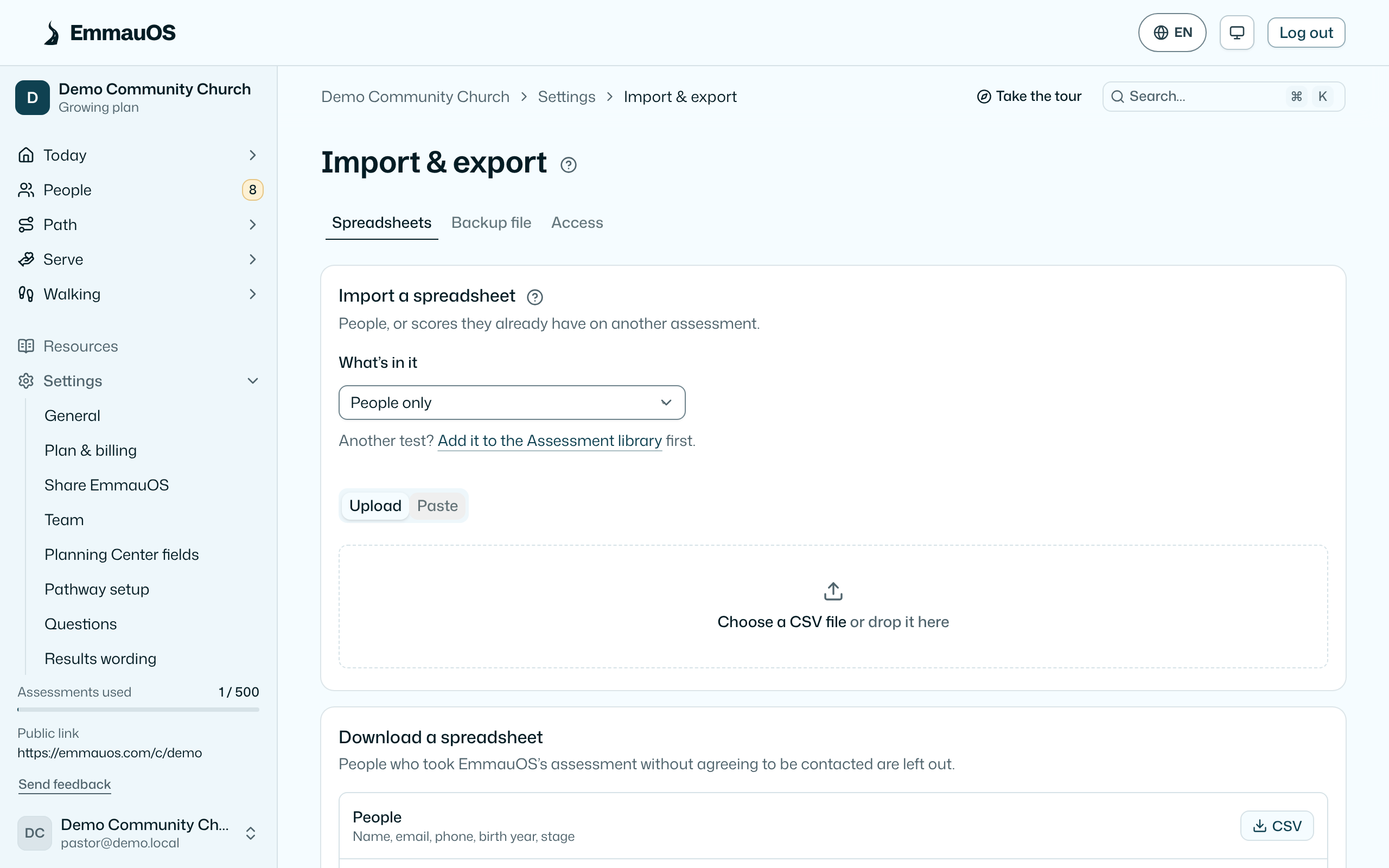 Data: export your church, and import from a file with a preview.