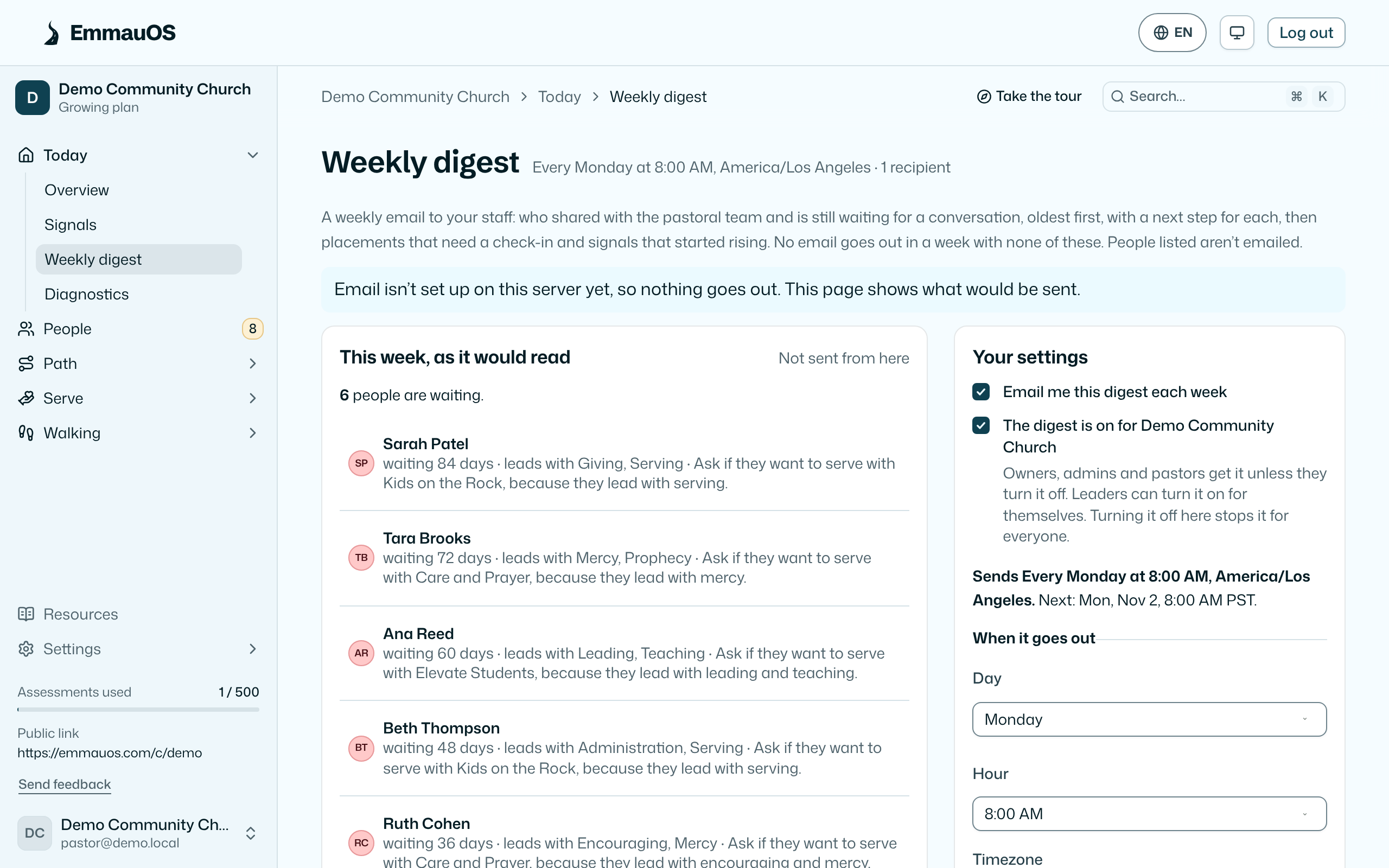 The Digest page: who receives it, when, and a preview of this week's email.
