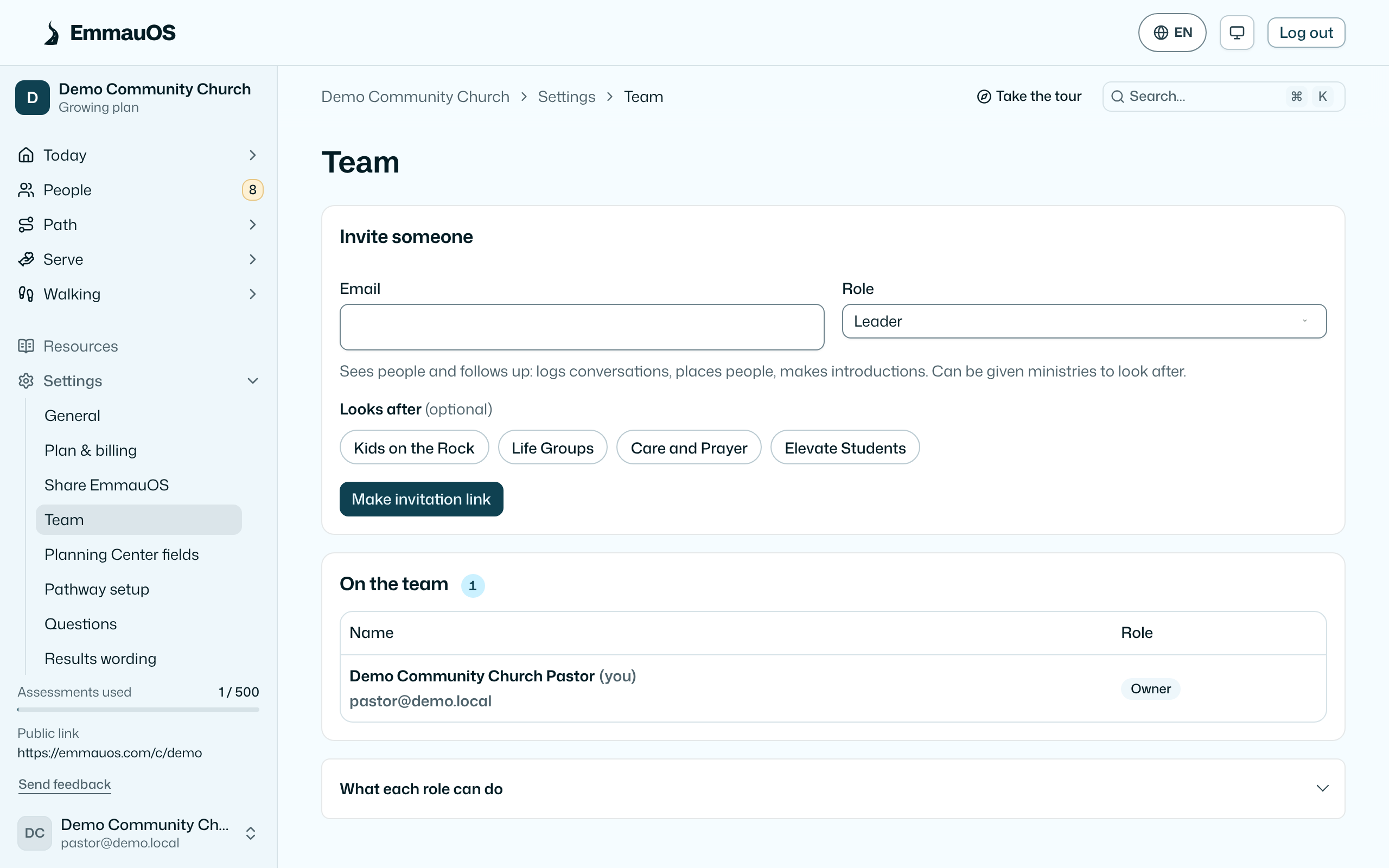 Team: members, their roles and ministries, and pending invitations.