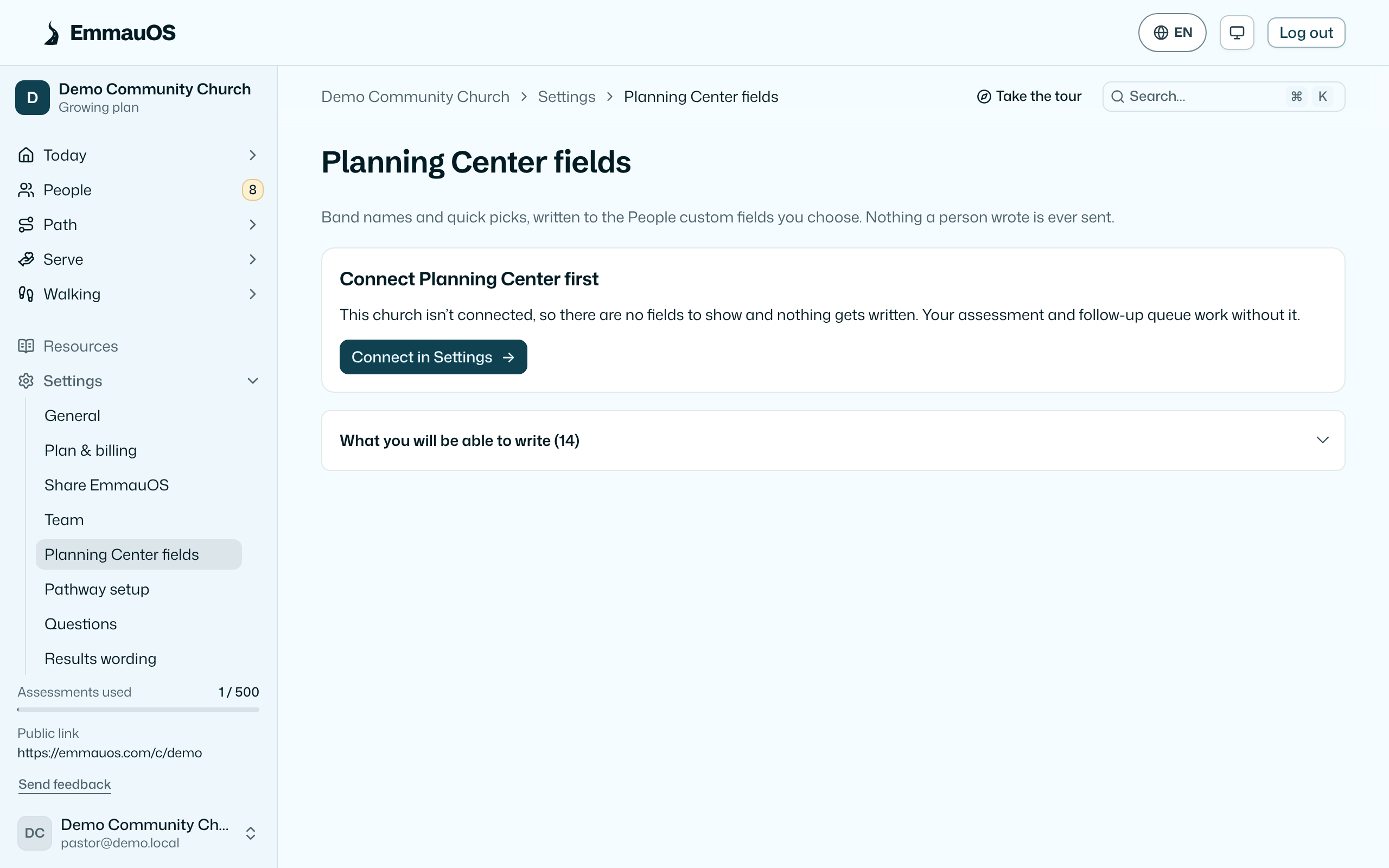 Planning Center: the connection, the field map, and what each result writes.