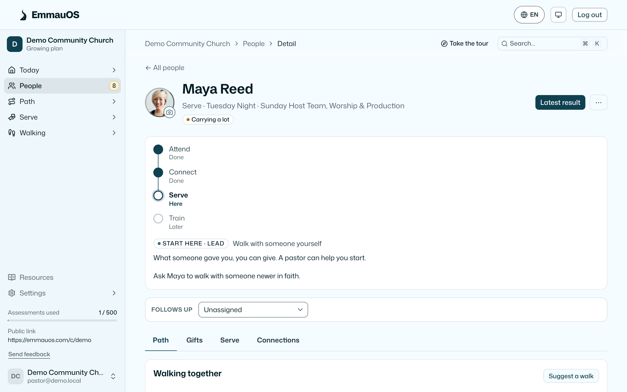A person's page: their stage, the one next step, who follows up, and the Path, Gifts, Serve and Connections tabs.