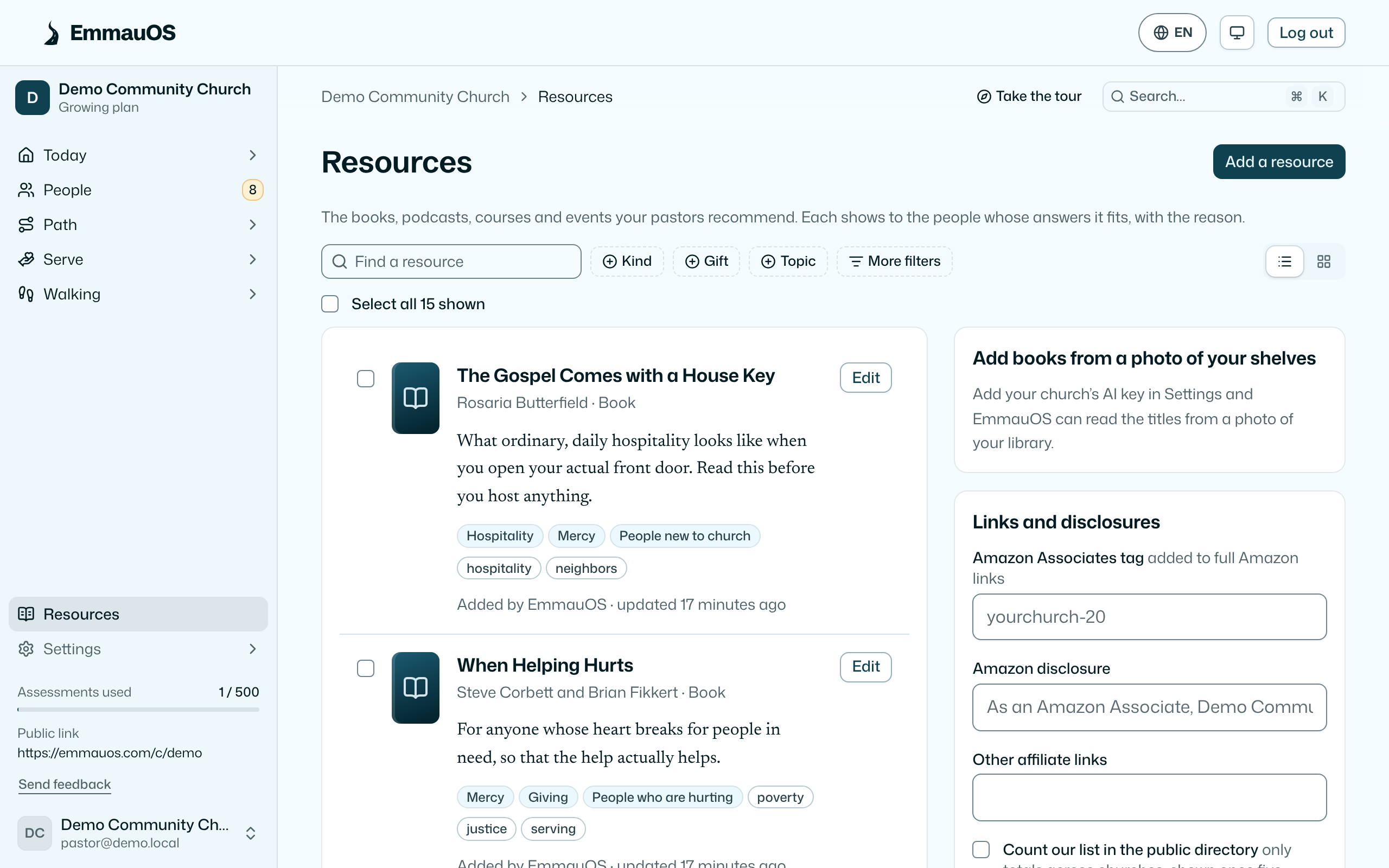 Resources: the church's reading list, with covers, kinds, gifts and the pastor's note.
