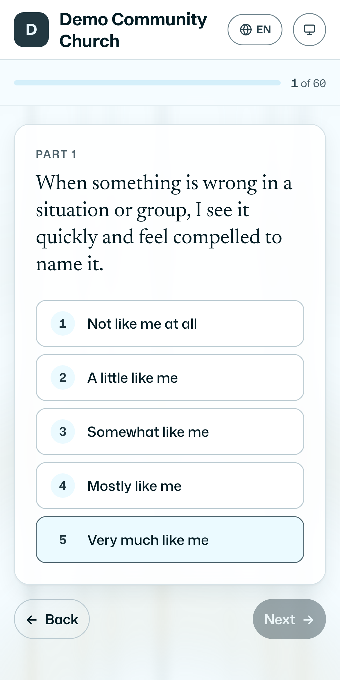 The assessment on a phone: one statement at a time, with a progress count.